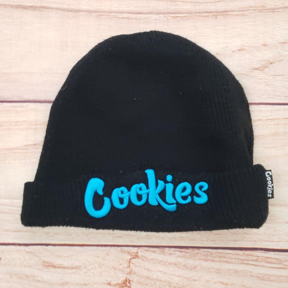 Cookies SF Mens Black Knit Cuffed Beanie Teal Blue Logo Streetwear Hat OSFA